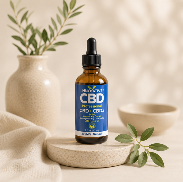 Premium editorial wellness image featuring Innovative CBD Professional CBD + CBDa tincture on a neutral stone pedestal with soft botanical styling and warm natural lighting.
