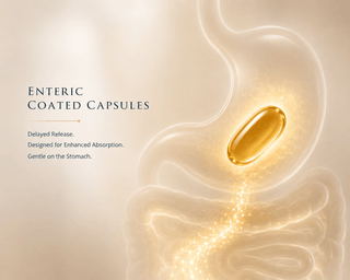 Minimal luxury wellness graphic showing a glowing enteric-coated CBD capsule with delayed release and enhanced absorption visualization.