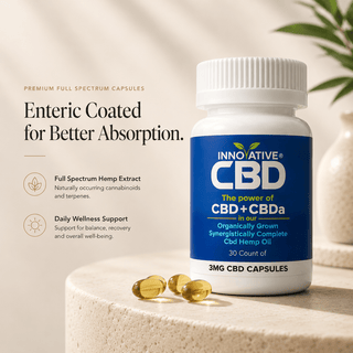 “Premium full spectrum CBD enteric capsules by Innovative CBD featuring enhanced absorption formula and wellness-focused capsule delivery.”