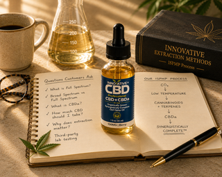 Innovative CBD Professional Full Spectrum CBD + CBDa oil displayed with educational notes covering common CBD questions, full spectrum hemp extract, and the ISPMP extraction process.