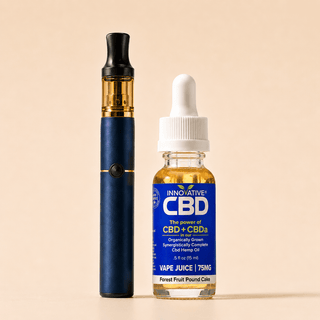 Innovative CBD Forest Fruit Pound Cake full spectrum vape juice with premium vape pen on a soft cream background in a clean luxury wellness product display.