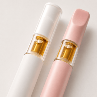 Macro detail shot of premium full spectrum CBD vape pens in matte white and soft blush pink featuring golden hemp extract chambers with luxury minimalist wellness styling.