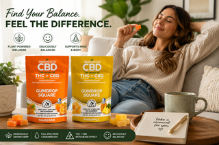 Lifestyle image of Innovative CBD Gumdrop Squares featuring Tangerine and Pineapple THC + CBD gummies in updated 10-count packaging with a relaxed wellness setting and full spectrum hemp benefits.