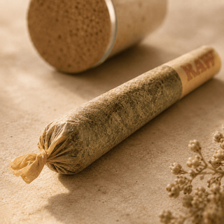Macro detail of a handcrafted full spectrum hemp stick highlighting botanical texture, RAW paper filter, and artisan twisted-end craftsmanship
