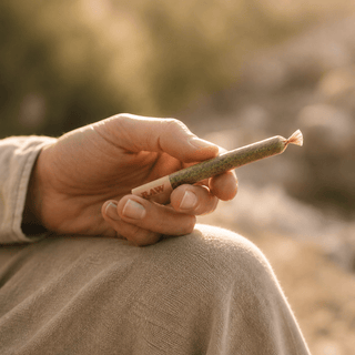 Hand holding a handcrafted full spectrum hemp stick outdoors in warm golden-hour light with a calm luxury wellness atmosphere