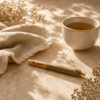 Full spectrum hemp stick styled in a luxury evening wellness ritual scene with herbal tea, soft linen, and warm natural light