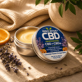 Innovative CBD Lavender Sweet Orange Salve with full spectrum CBD and CBDa in an open premium metal tin with rich balm texture, lavender botanicals, and fresh orange accents in a luxury spa-inspired setting.