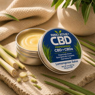 Innovative CBD Lemongrass Salve with full spectrum CBD and CBDa in an open premium metal tin with rich balm texture, fresh lemongrass botanicals, and bright spa-inspired wellness setting.