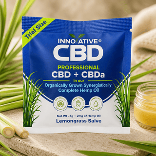 Innovative CBD Professional CBD + CBDa Lemongrass Salve trial size packet with fresh lemongrass botanicals and premium spa-inspired wellness background.