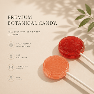 Minimal premium full spectrum CBD and CBDa lollipop trust graphic with clean ingredient and lab tested highlights