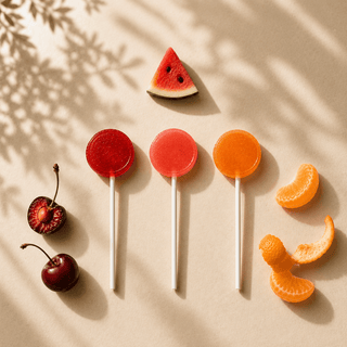 Premium cherry, watermelon, and tangerine CBD and CBDa lollipops with fresh fruit accents in a luxury editorial flat lay scene