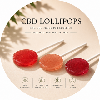 Premium full spectrum CBD and CBDa fruit lollipops with glossy translucent candy texture on a soft neutral background with minimalist wellness styling