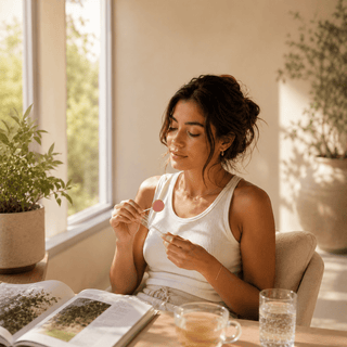Woman relaxing by a window while unwrapping a premium full spectrum CBD and CBDa lollipop in warm natural light