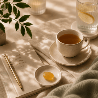 Luxury wellness daily ritual scene featuring herbal tea, a translucent CBD lozenge, linen textures, and a calming journal in warm natural morning light.