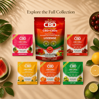 Innovative CBD tropical assortment lozenge pouch surrounded by watermelon, cherry, lemon, tangerine, and key lime trial size flavors in a premium wellness editorial collection display.