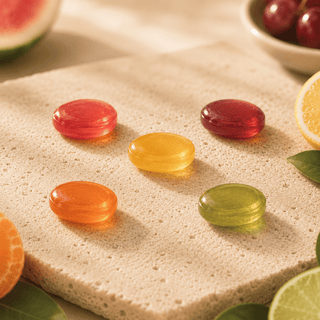 Five translucent oval CBD lozenges in watermelon, cherry, lemon, tangerine, and key lime flavors arranged on a travertine stone surface in a luxury wellness confectionery editorial composition.