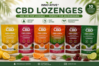 Innovative CBD full spectrum CBD+CBDa lozenges hero image featuring lemon, watermelon, tangerine, cherry, key lime, and assorted flavor 10-count bags with 5mg CBD per lozenge designed for fast-acting microdosing support.