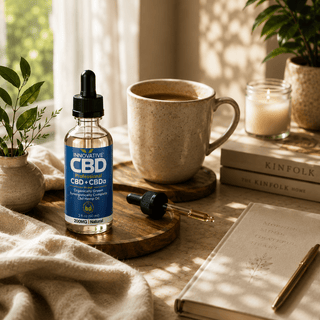 Sunlit morning wellness lifestyle scene featuring Innovative CBD full spectrum CBD + CBDa tincture beside coffee, linen textures, ceramic decor, and a glass dropper with golden botanical oil in a calm luxury wellness setting.