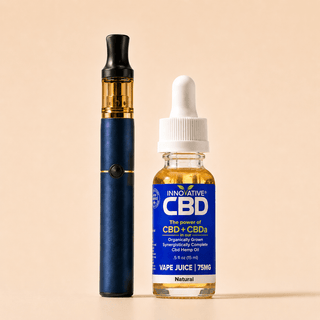 Innovative CBD Natural full spectrum vape juice with premium vape pen on a soft cream background in a clean luxury wellness product display.