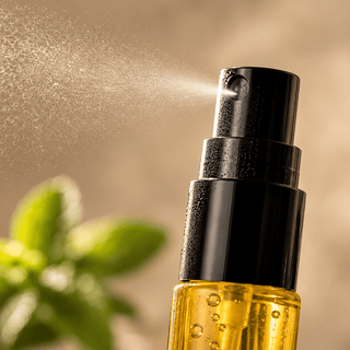 Close-up macro detail of Innovative CBD Oral Mist spray nozzle with subtle fine mist and golden hemp oil.