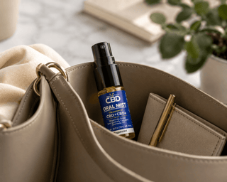 Innovative CBD Oral Mist peppermint spray styled in a premium everyday wellness travel setting
