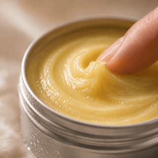 Close-up texture of Innovative CBD OVA Muscle Rub cooling balm with smooth creamy consistency in premium silver tin and luxury recovery skincare aesthetic