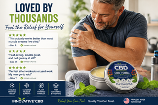 Customer testimonial image for Innovative CBD Ova Muscle Rub featuring verified reviews, active recovery lifestyle imagery, and targeted muscle relief benefits.