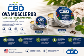 Innovative CBD Ova Muscle Rub hero image featuring both .5oz and 2oz tins with botanical ingredients and targeted muscle relief benefits.
