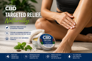 Woman applying Innovative CBD Ova Muscle Rub to lower leg with targeted relief messaging and botanical ingredient highlights in a premium wellness setting.