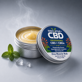 Minimalist premium product image of Innovative CBD Ova Muscle Rub featuring a glossy golden balm in a chilled metal tin with subtle cooling vapor, soft reflections, and clean luxury wellness styling.