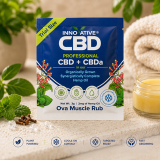 Innovative CBD Professional CBD + CBDa Ova Muscle Rub trial size packet with mint leaves, herbal botanicals, and cooling topical wellness styling.