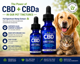 Innovative CBD pet tincture hero image featuring small and large pet CBD + CBDa hemp oil tinctures with a dog and cat, highlighting full spectrum hemp extract, pet wellness, comfort, mobility, and THC-free formula.