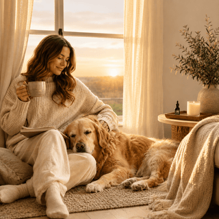 Woman relaxing with a golden retriever during sunset beside Innovative CBD full spectrum CBD and CBDa tincture for pets in a calm luxury wellness setting.