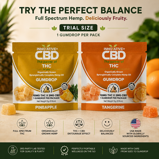 Trial size image of Innovative CBD Pineapple and Tangerine THC gumdrops featuring single-serving full spectrum hemp gummies with 10mg THC and 2mg CBD in portable sample packaging.