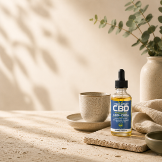 Luxury wellness still-life featuring Innovative CBD 100mg CBD + CBDa tincture with golden botanical oil on a travertine surface surrounded by soft neutral spa-inspired textures and natural sunlight.