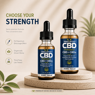 Innovative CBD Professional CBD + CBDa tincture bottles in 100mg and 200mg strengths displayed on natural stone platforms with premium botanical wellness styling and full spectrum hemp extract branding