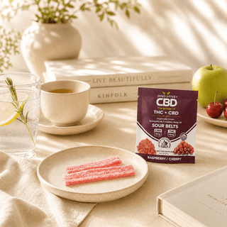 Innovative CBD Raspberry Cherry THC + CBD Sour Belts trial size pouch styled in a luxury wellness lifestyle scene with herbal tea, sparkling citrus water, soft natural lighting, and raspberry cherry sour belts on a ceramic plate.