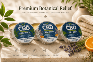 Innovative CBD premium salve collection featuring Unscented, Lavender Sweet Orange, and Lemongrass CBD + CBDa salves with botanical ingredients and handcrafted full spectrum hemp extract.