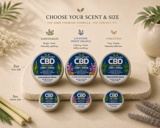 Innovative CBD premium salve collection featuring Lemongrass, Lavender Sweet Orange, and Unscented scents in both 2oz full size and .5oz travel size tins displayed on a neutral spa-inspired stone surface with soft botanical accents and luxury wellness styling.