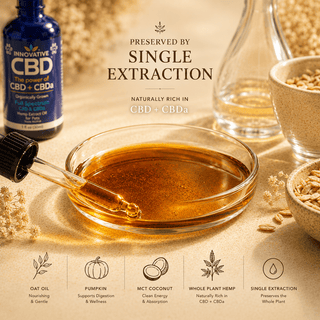 Dark amber full spectrum CBD and CBDa hemp extract with oat oil, pumpkin, MCT coconut, and whole plant hemp ingredients in a luxury apothecary-style single extraction wellness scene.