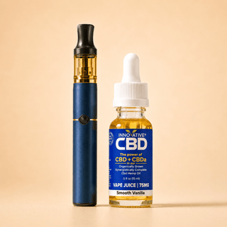 Innovative CBD Smooth Vanilla full spectrum vape juice with premium vape pen on a warm cream background in a clean luxury wellness product display.