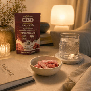 Innovative CBD raspberry cherry sour belts in a ceramic bowl beside sparkling water and softly blurred packaging in a warm luxury evening wellness setting.