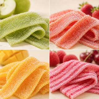 Macro editorial collage of Innovative CBD sour belt flavors featuring green apple, strawberry, mango, and raspberry cherry ribbon belts with soft sugar crystal texture and premium luxury candy styling.
