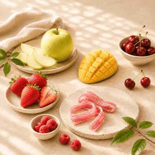 Luxury editorial flat lay of fresh green apple, mango, strawberry, raspberry, and cherry ingredients with pink sour belt ribbons on creamy stone surfaces in warm natural sunlight.