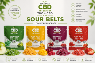 Innovative CBD THC + CBD sour belts 1-count trial size variety image featuring Green Apple, Mango, Raspberry Cherry, and Strawberry flavors with sugar-coated candy belts and fresh fruit on a clean premium background.