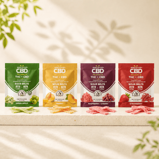 Innovative CBD THC + CBD Sour Belts trial size collection featuring Green Apple, Mango, Raspberry Cherry, and Strawberry flavors arranged in a premium minimalist lineup with matching sour belt ribbons on a creamy neutral background.