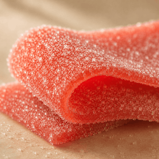 Macro close-up of sugar-coated strawberry sour belt gummy with soft translucent texture and premium confectionery lighting on a warm neutral surface.