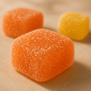 Extreme close-up of sugar-coated tangerine and pineapple THC and CBD gumdrop squares with visible crystal texture on a soft neutral background.