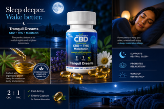Collage image of Innovative CBD Tranquil Dreams CBD + THC + Melatonin enteric sleep capsules featuring golden oil softgels, nighttime relaxation scenes, hemp oil, sleep support benefits, and calming lifestyle imagery.
