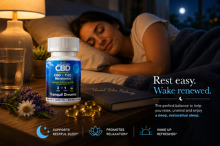 Lifestyle image of Innovative CBD Tranquil Dreams CBD + THC + Melatonin sleep capsules on a bedside table with golden enteric softgels beside a peacefully sleeping woman in a warm nighttime bedroom setting.
